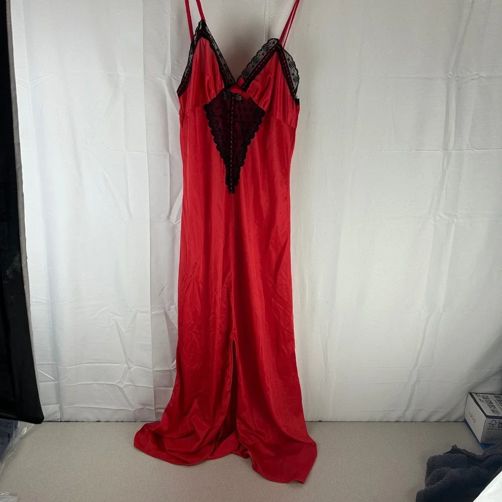 Vintage Paramount‎ New York Red Satin Nightgown Black Lace Trim Maxi Slip Dress